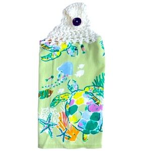 Hand Crafted Colorful Rainbow Turtle Print Hanging Hand Towel Crochet Top